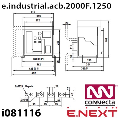 Повітряний автоматичний вимикач E.NEXT e.industrial.acb.2000F.1250, стаціонарний, 0,4кВ, 3Р, електронний розчіплювач, мотор-привід та РН