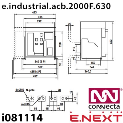Повітряний автоматичний вимикач E.NEXT e.industrial.acb.2000F.630, стаціонарний, 0,4кВ, 3Р, електронний розчіплювач, мотор-привід та РН